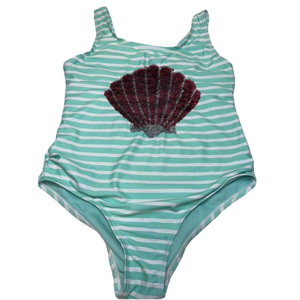 Sweet Pineapple Girls Bathing Suit‎ Size 10 Aqua, Sequin Shell Bodice, Stripes